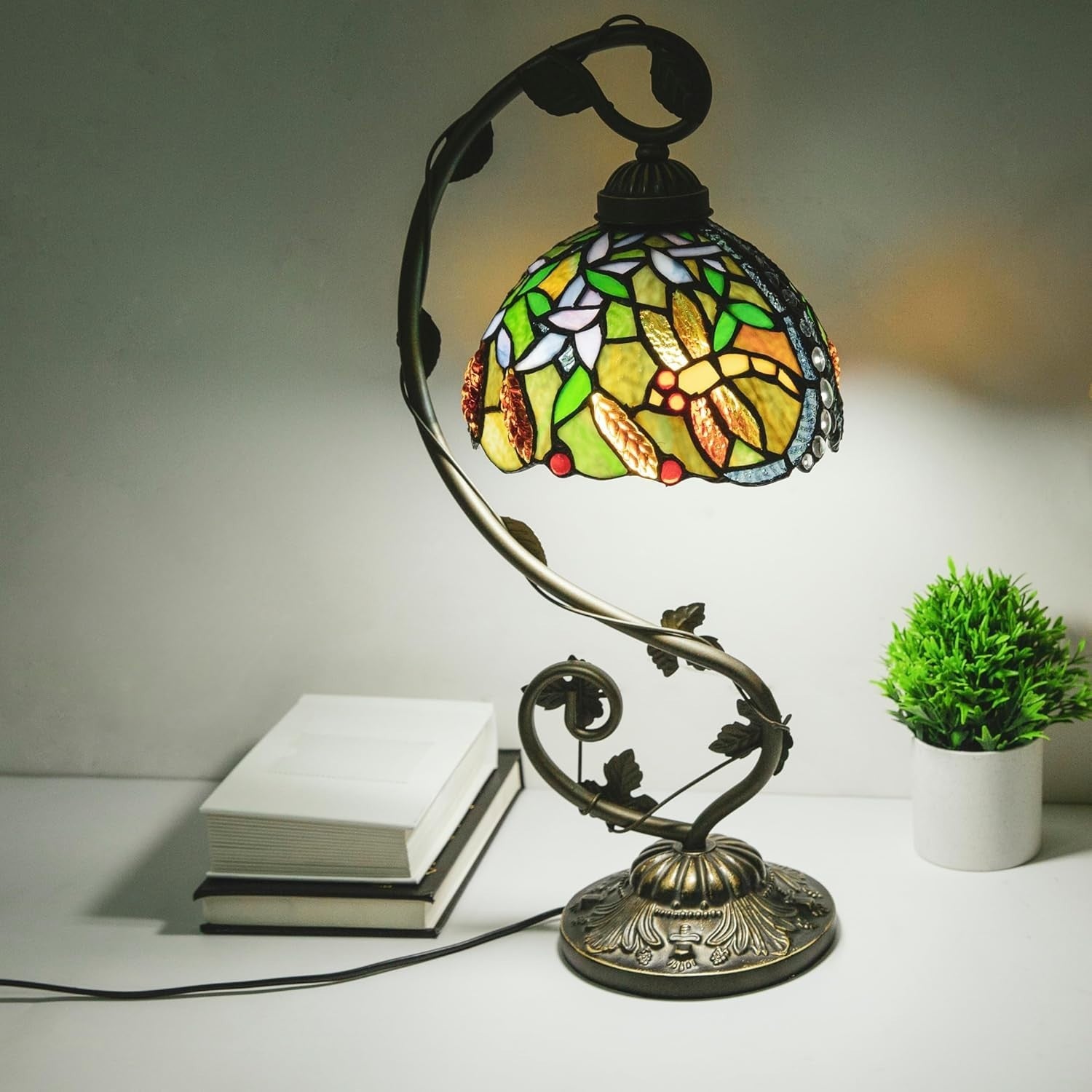 Stained Glass Table Lamp LED Remote Dimmable 3 Color Modes for Living Room