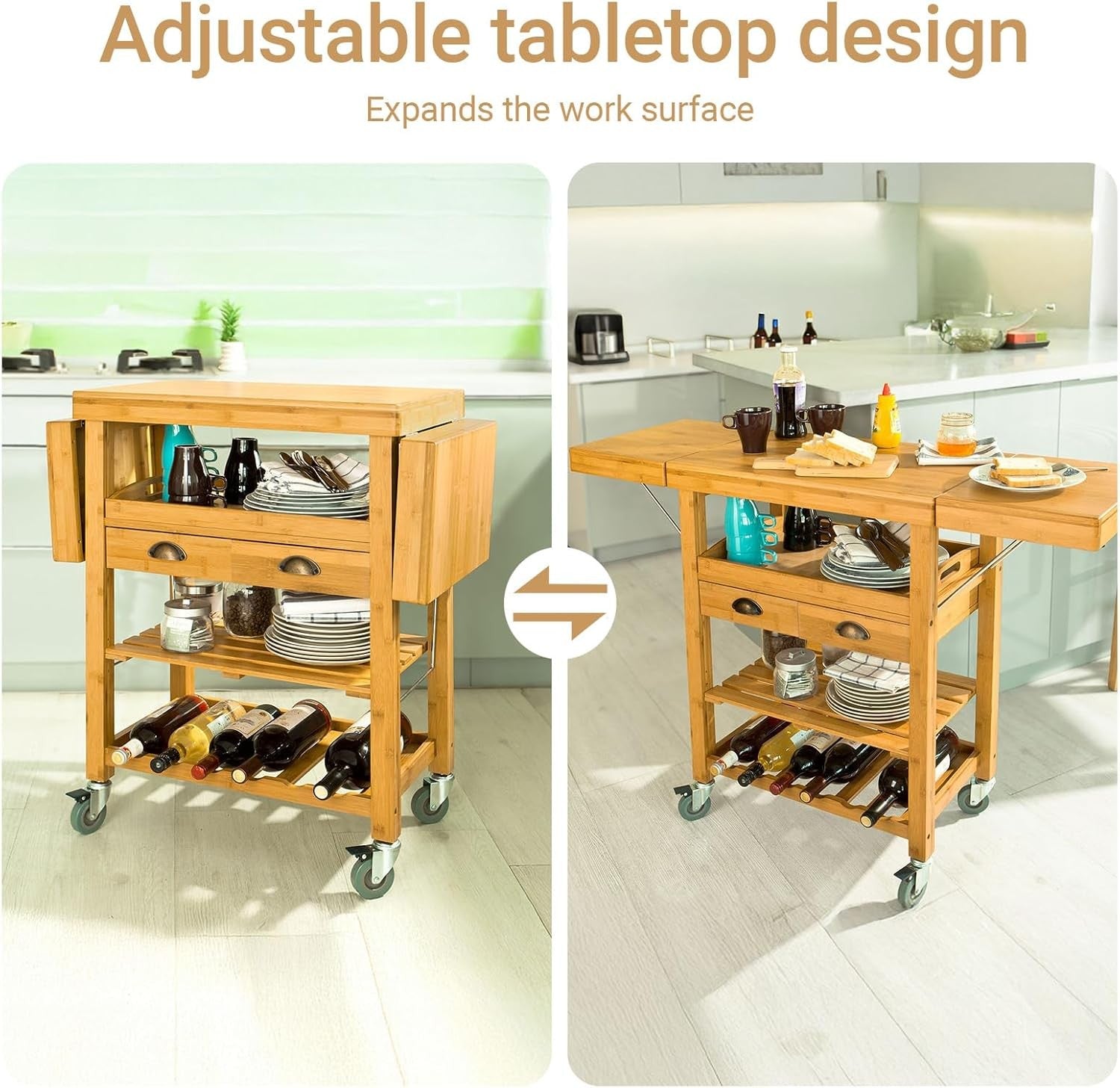 Extendable Bamboo Kitchen Trolley Cart on Wheels Folding Sides Storage Drawers