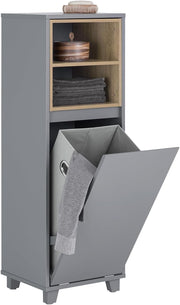 Slim Bathroom Storage Cabinet with Fold-Out Laundry Basket Grey 35×105cm