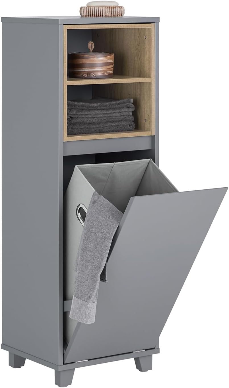 Slim Bathroom Storage Cabinet with Fold-Out Laundry Basket Grey 35×105cm
