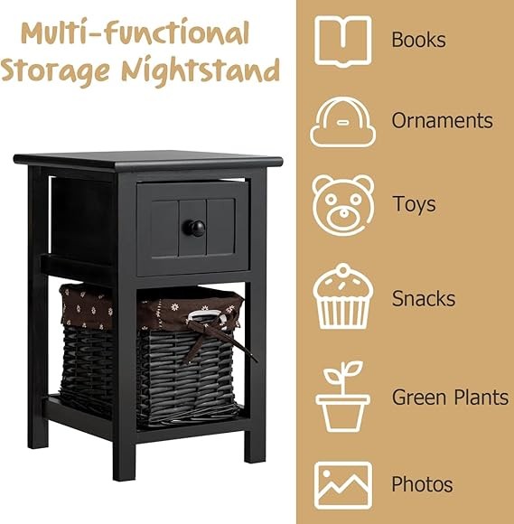 Slim Black Bedside Tables Set of 2 with Drawer & Wicker Basket Storage Modern