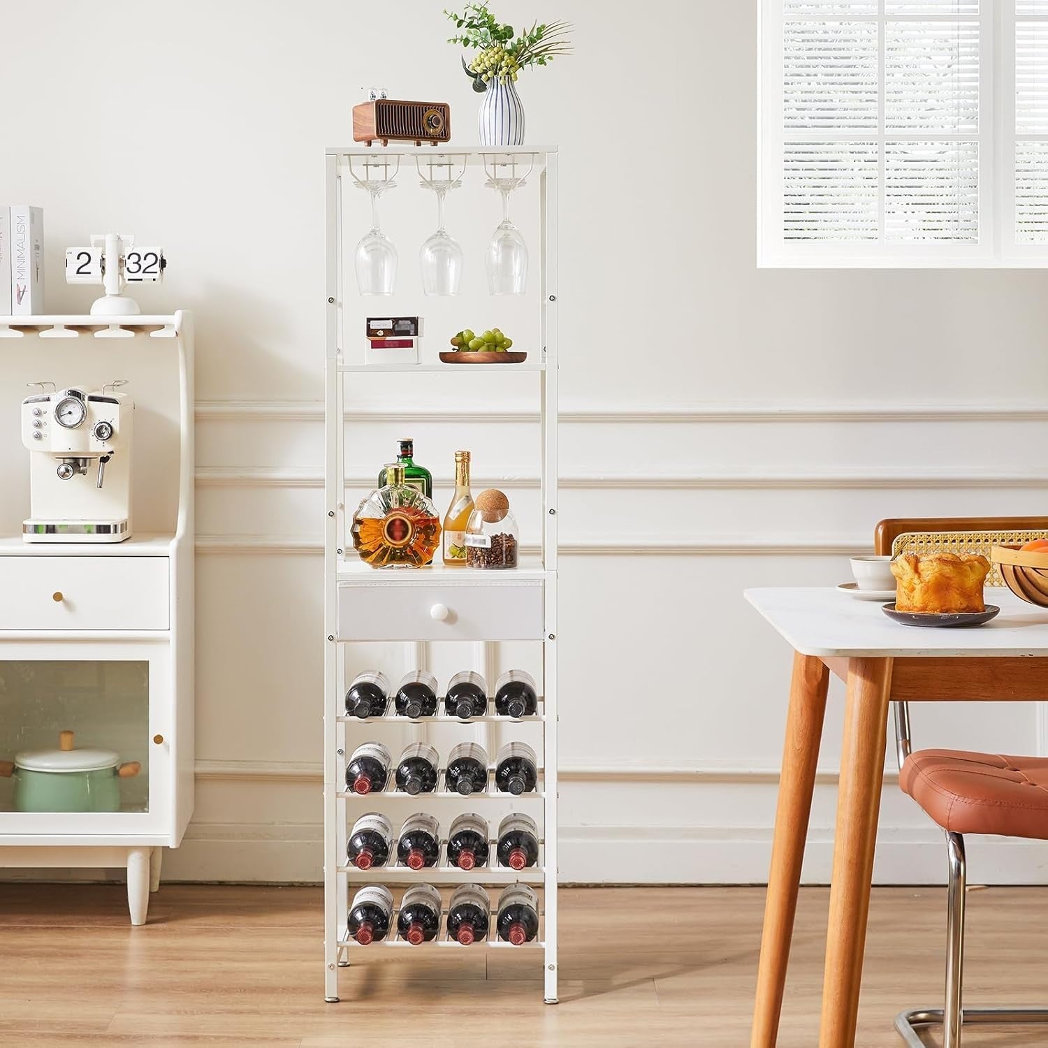 Freestanding Wine Rack Bar Cabinet White 4 Tier with Drawer & Glass Holder