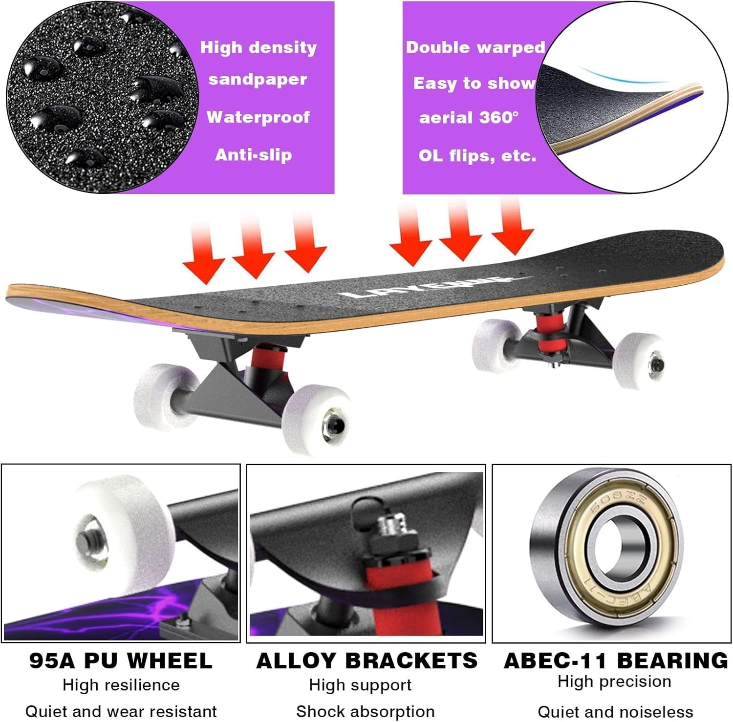 31" Purple Skateboard for Adults & Teens | 7-Layer Maple Deck | ABEC-11 Bearings