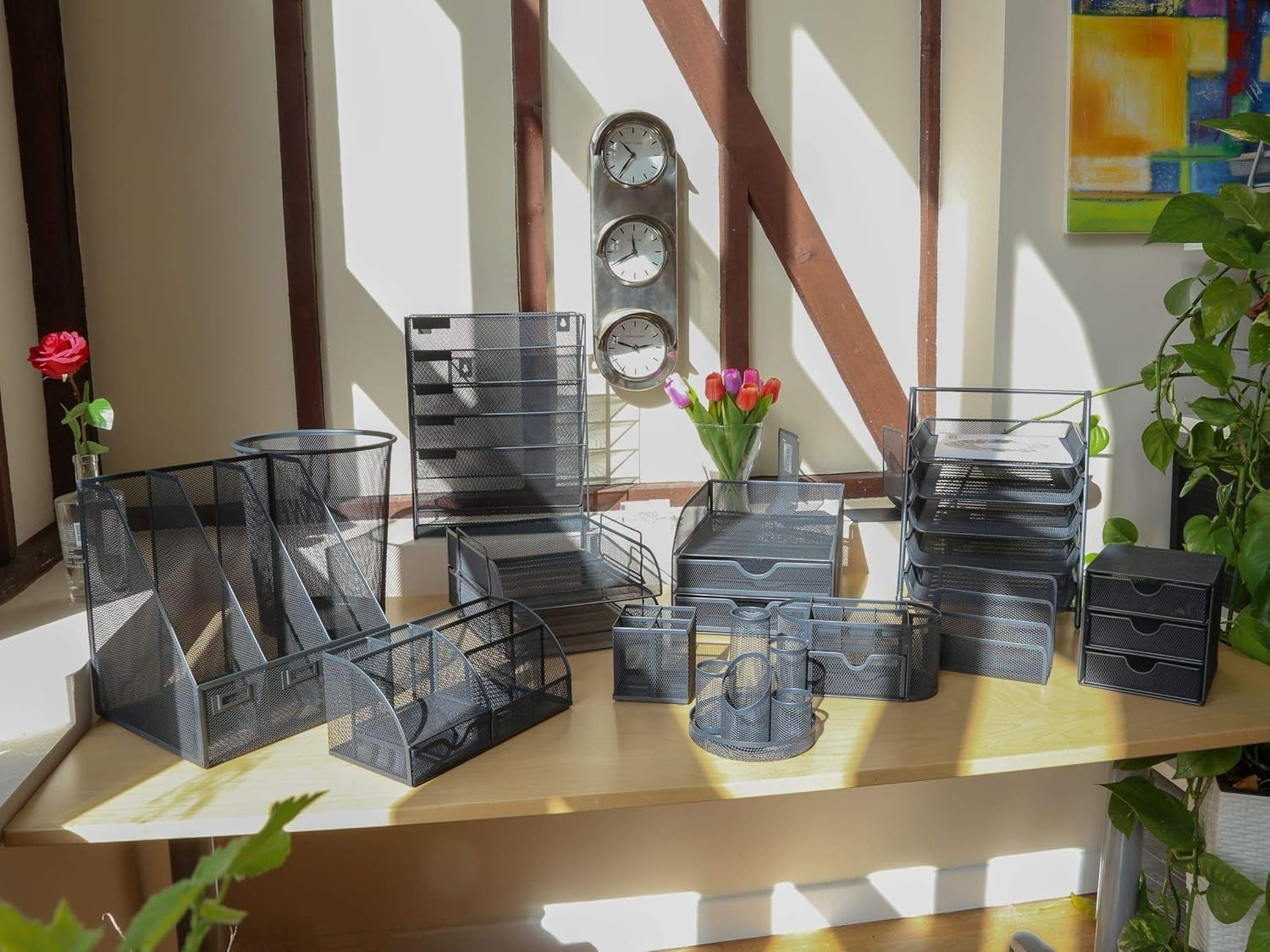 Metal Desk Organiser with 7 Compartments & Drawer – Graphite 6-Pack