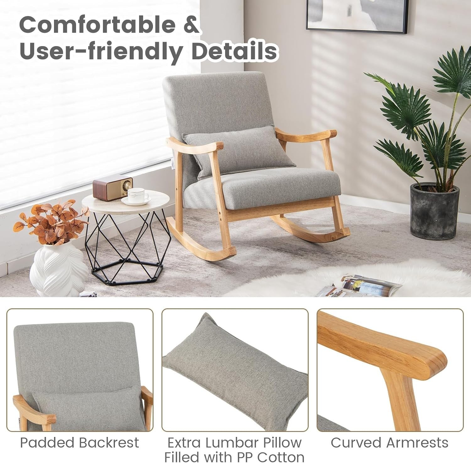 Rocking Chair with Cushion & Lumbar Pillow – Solid Wood, 83cm High, Relax