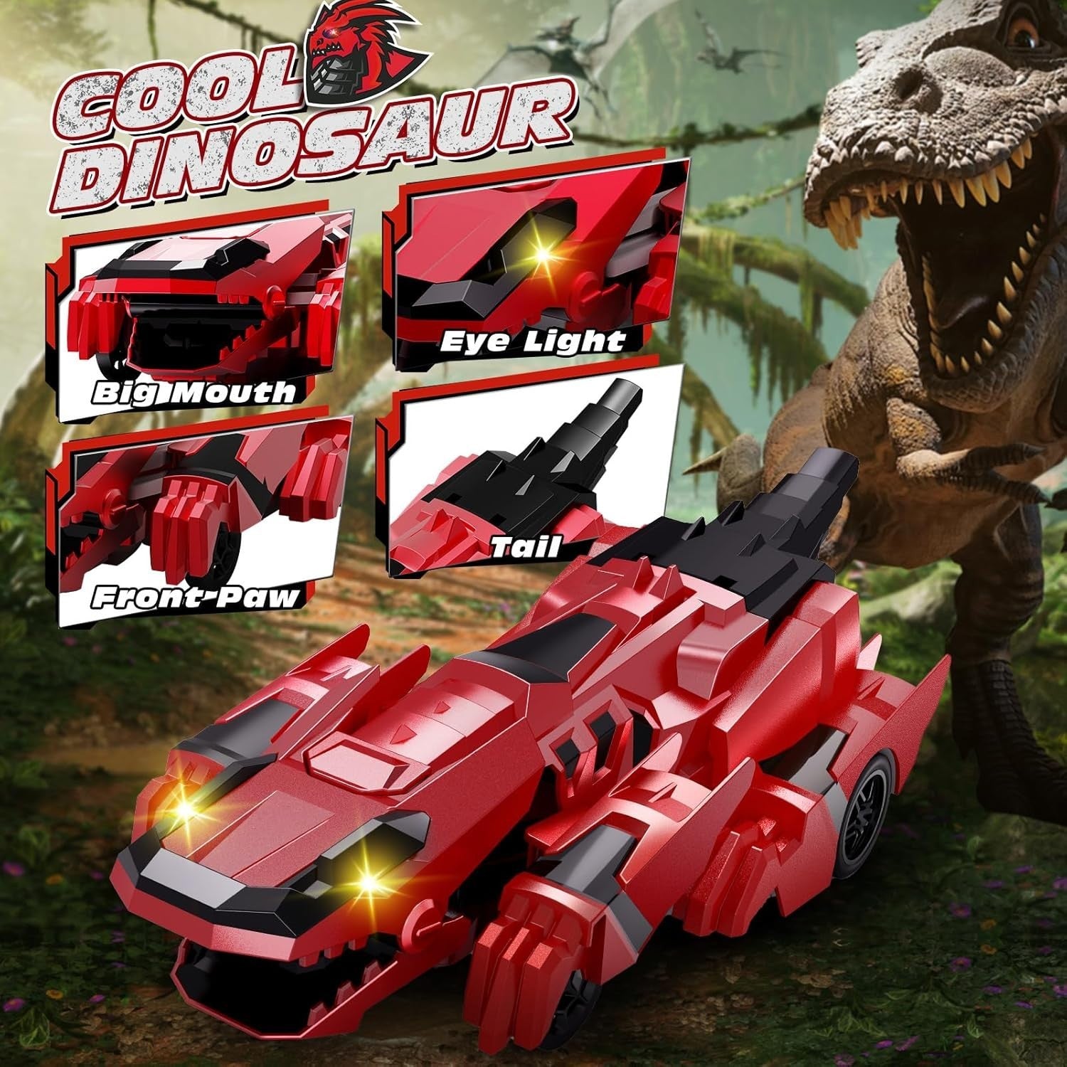 2-in-1 Dinosaur RC Car Robot Transform 360° Spin LED Remote Toy for Kids