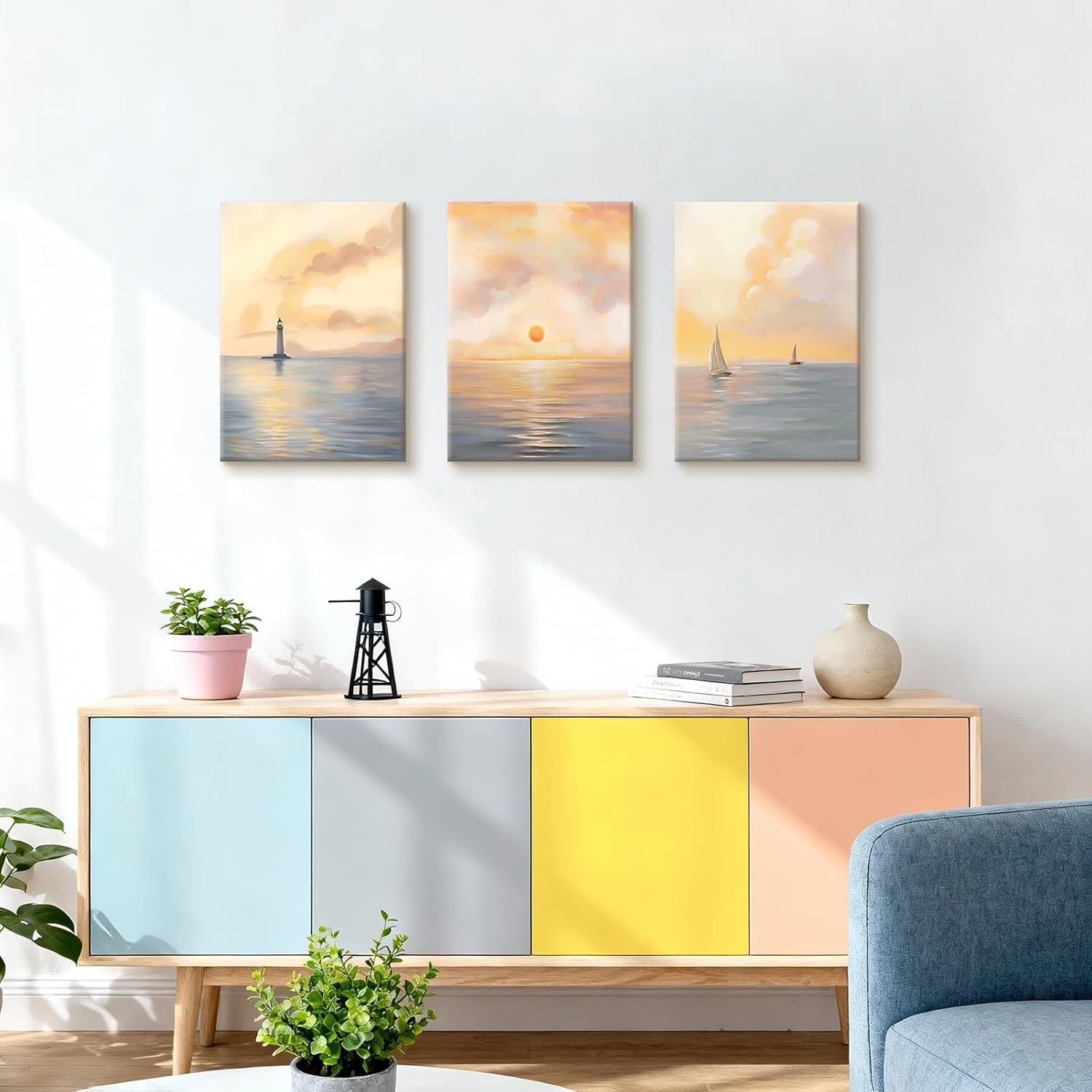 Ocean Sunrise Canvas Wall Art Set 3 Framed 30x40cm