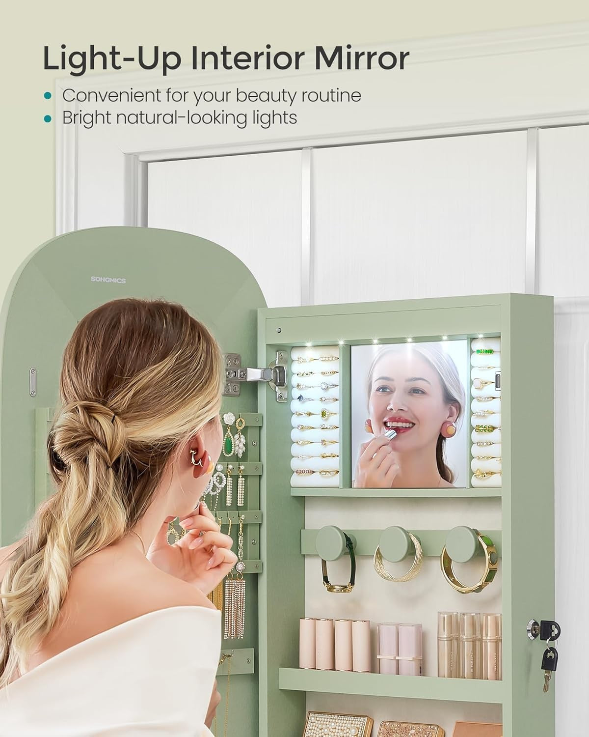 Laurel Green LED Wall Mounted Jewelry Cabinet Mirror Lockable Wide Storage