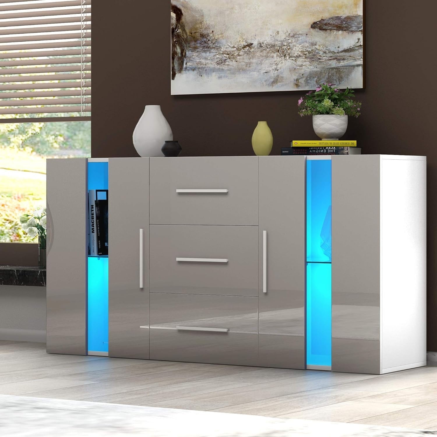 Modern Grey RGB LED Sideboard Cabinet 2 Doors 3 Drawers Storage Unit