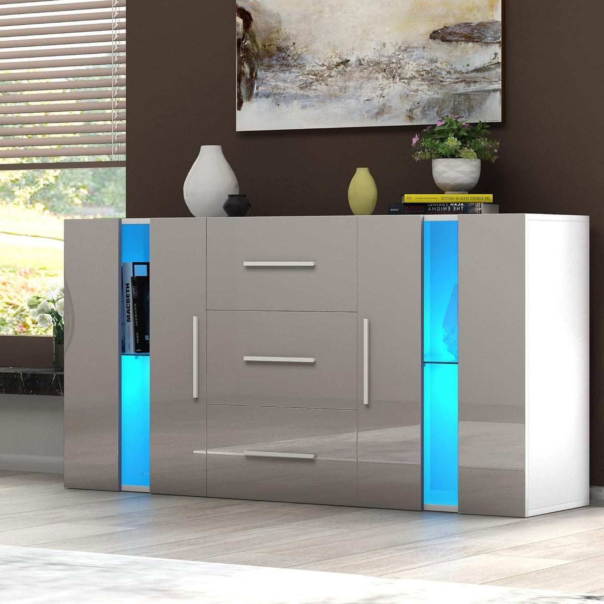 Modern Grey RGB LED Sideboard Cabinet 2 Doors 3 Drawers Storage Unit