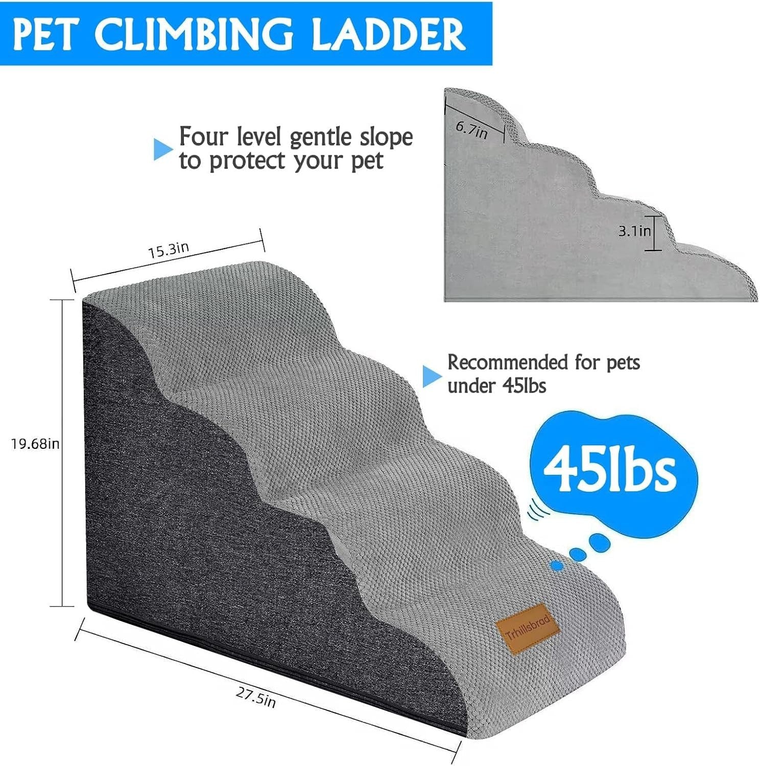 Wide Dog Stairs 4 Step Foam Pet Ramp 70x40x50cm Non Slip