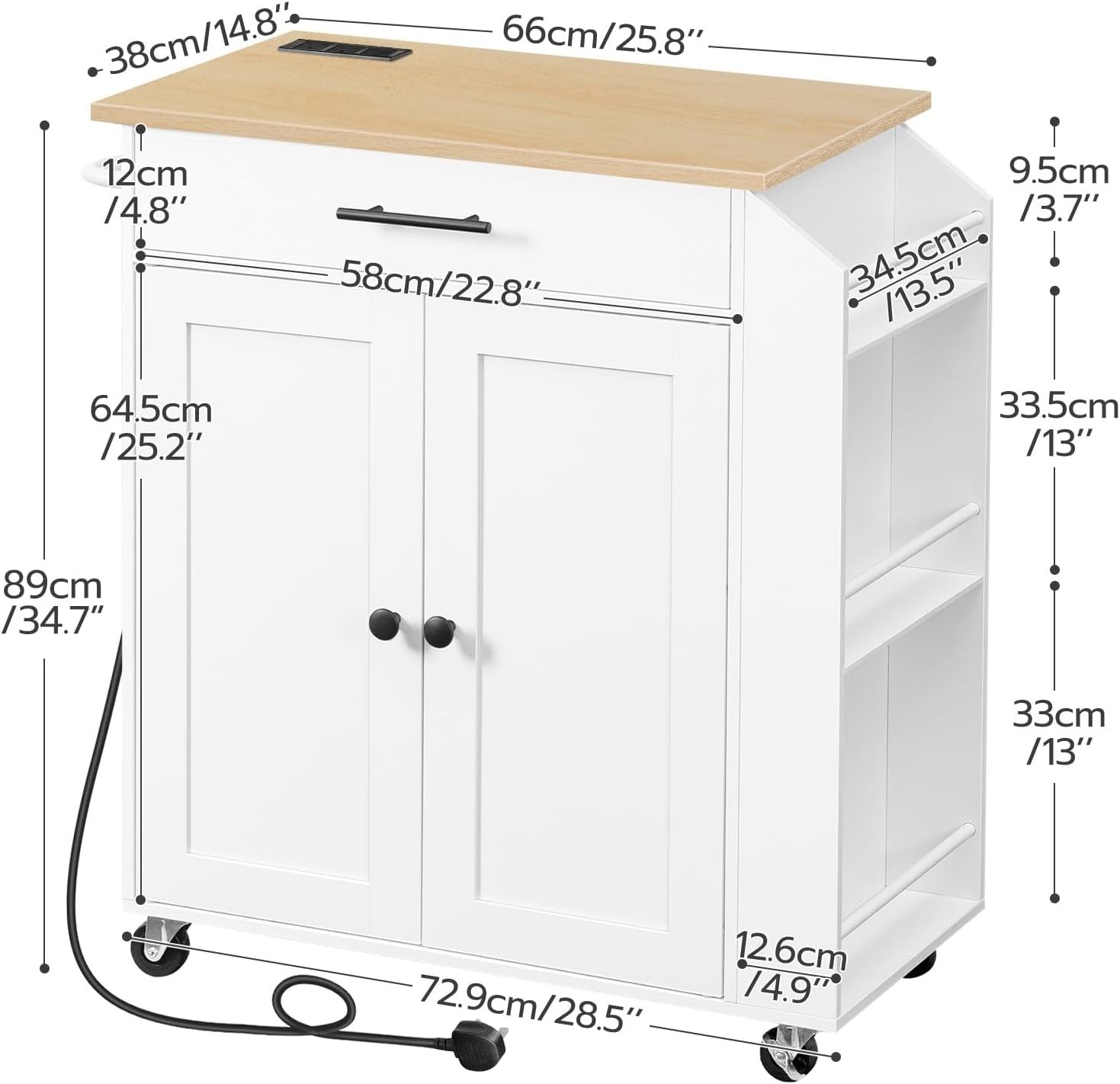 Kitchen Island on Wheels w/ Power Outlet Drawer Rack