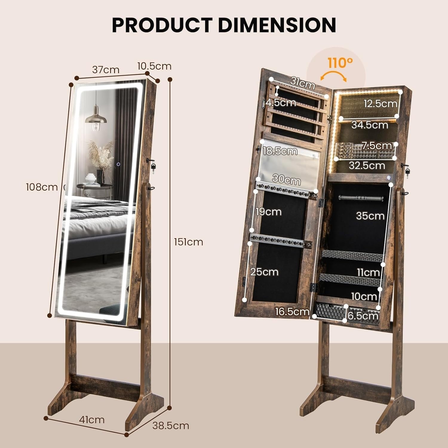 Rustic Brown LED Jewellery Armoire Adjustable Full Length Mirror Lockable