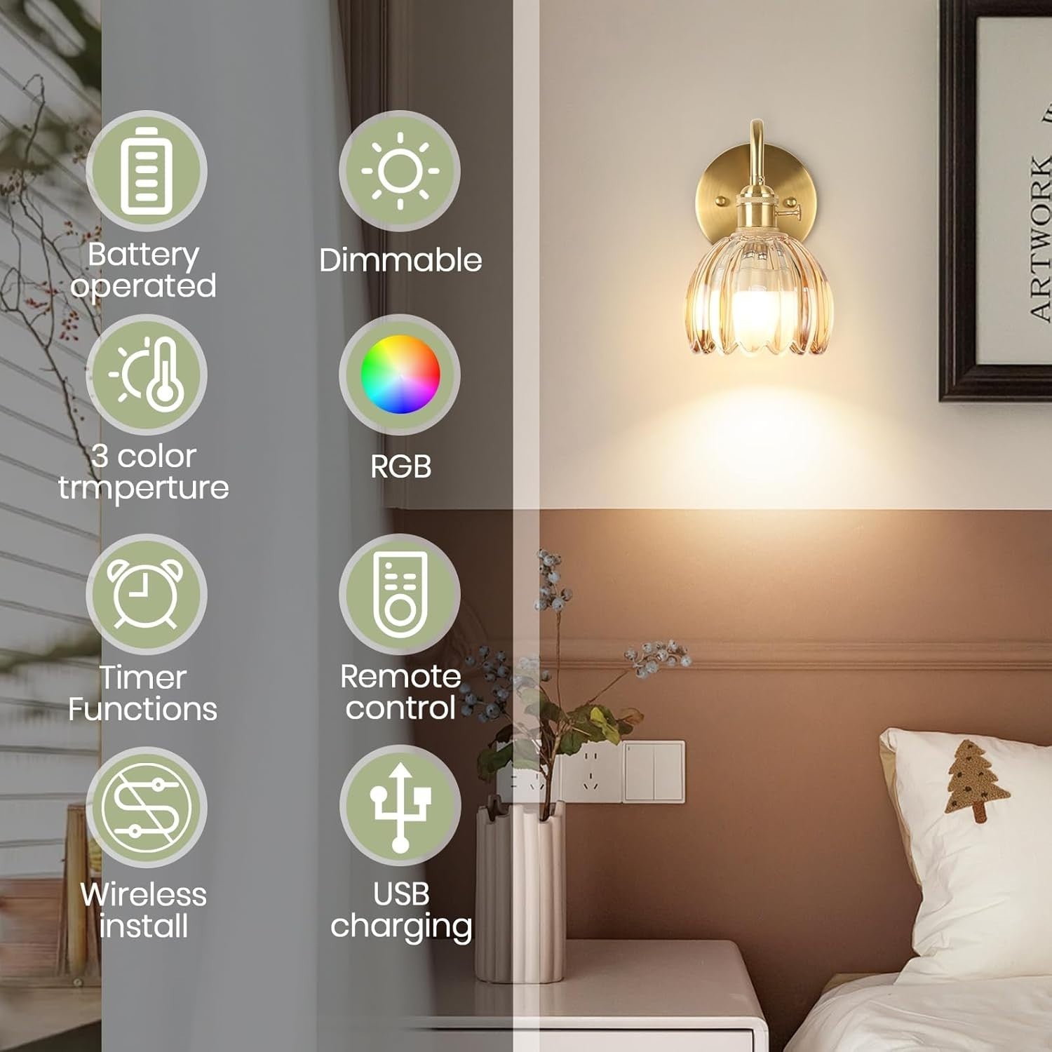 Rechargeable Battery Wall Lights 15 Colors Remote Amber Glass 2-Pack