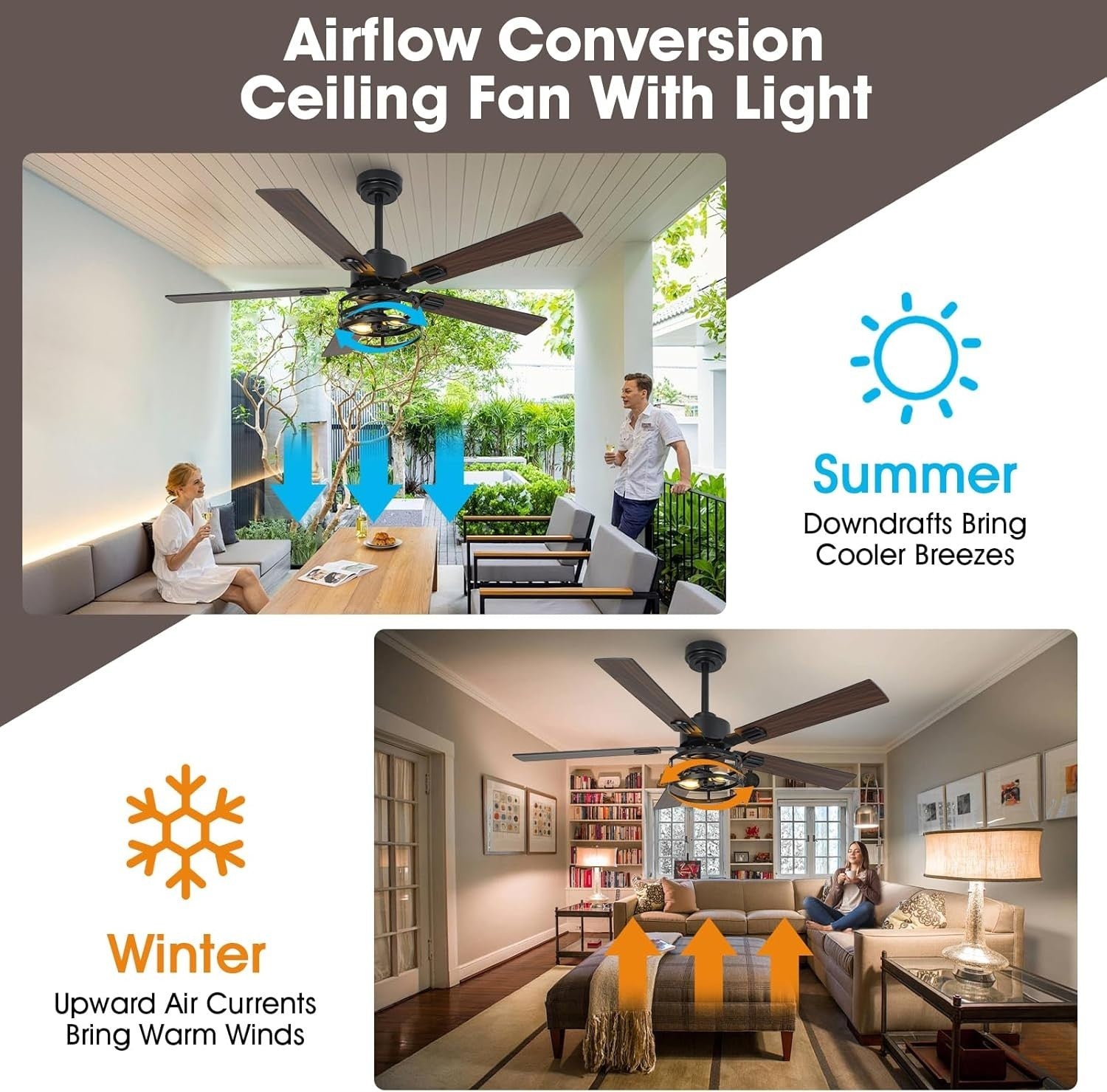 Vaczon 52" Farmhouse Ceiling Fan with Light, Black, 6-Speed, Remote, LED