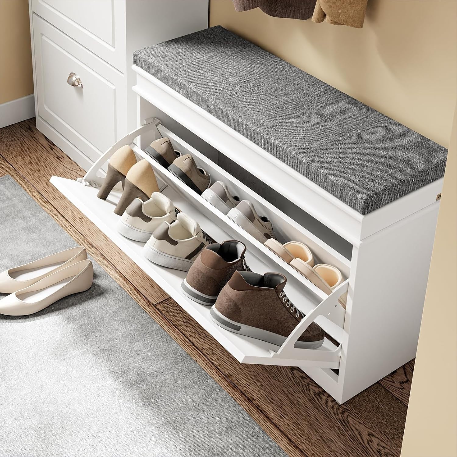 Compact White Shoe Storage Bench with Flip Drawer & Cushion, 150kg Load