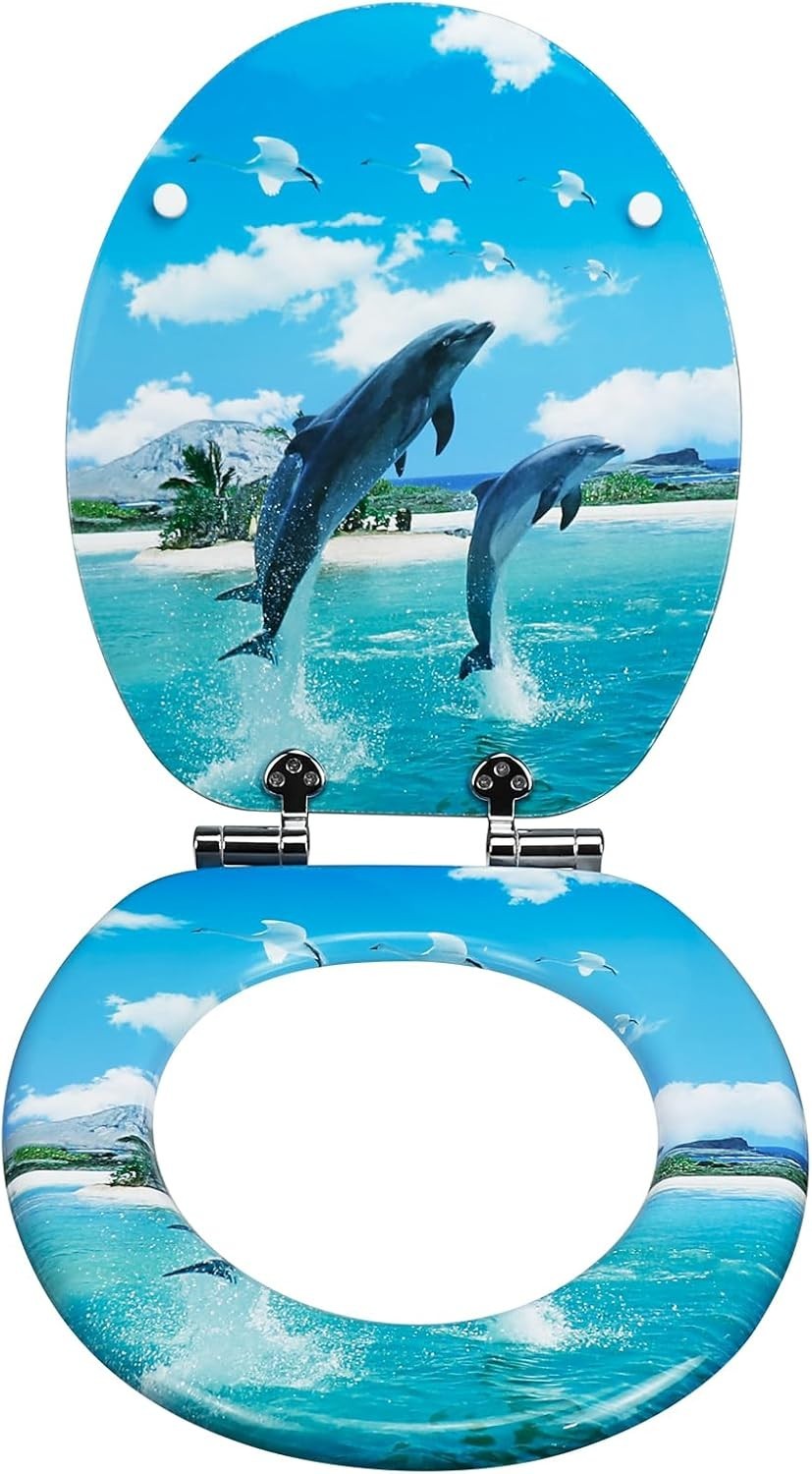 Wooden Soft Close Toilet Seat MDF Durable O Shape 43.5x37.5cm Pattern