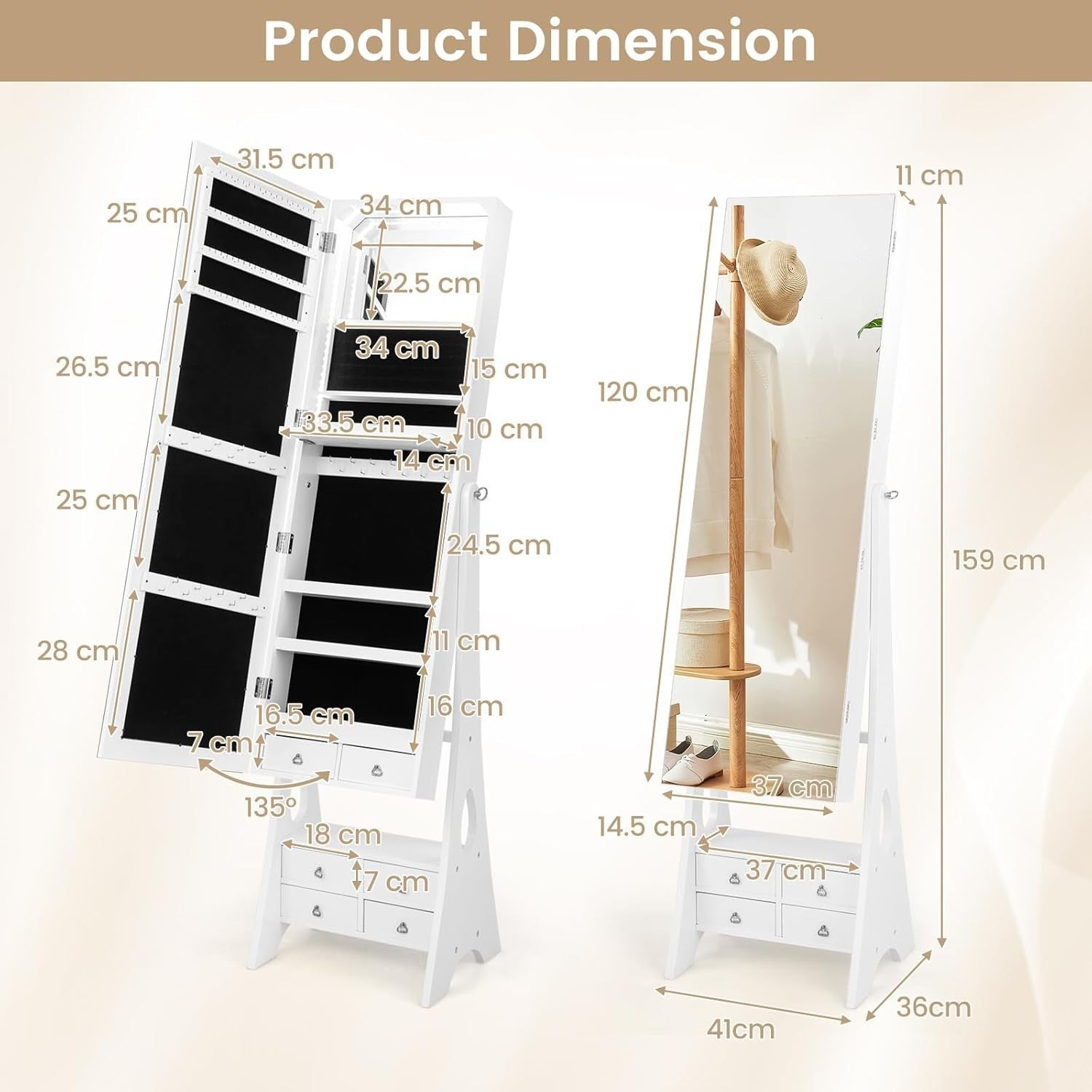 LED Jewelry Cabinet Full Length Mirror Freestanding Organizer with Drawers