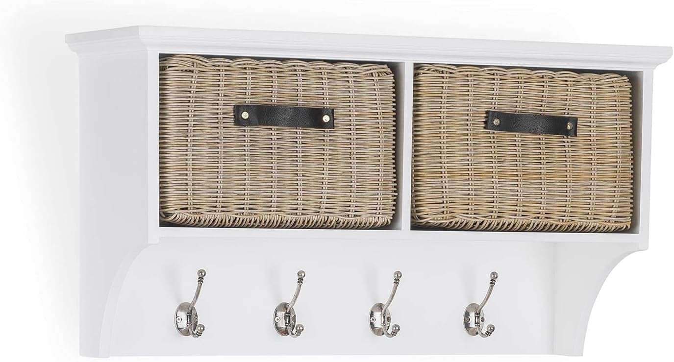 White Wall Mounted Coat Rack with Baskets & Hooks Hallway Storage Shelf Unit