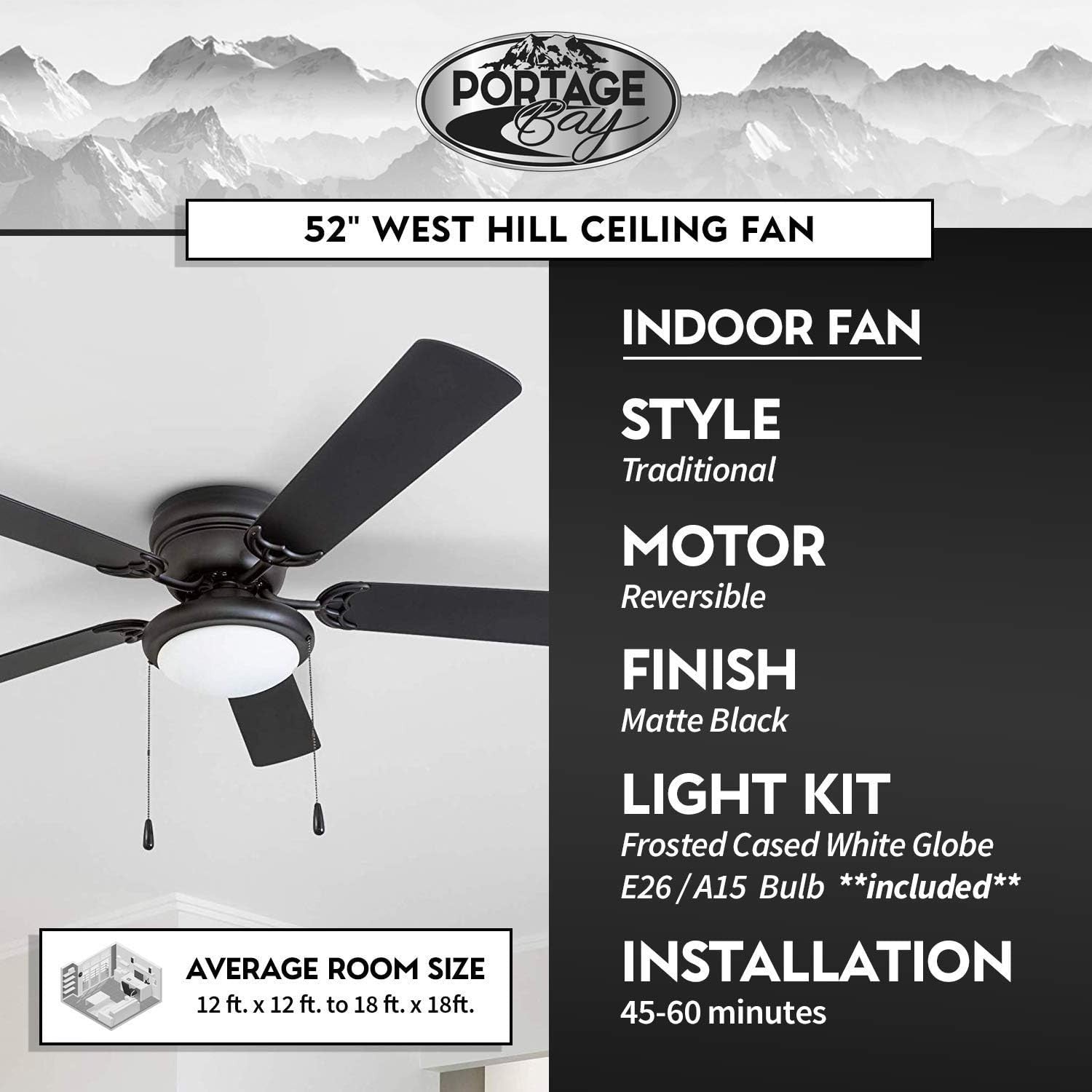 Portage Bay 52" Ceiling Fan with Light, Reversible Blades, Matte Black