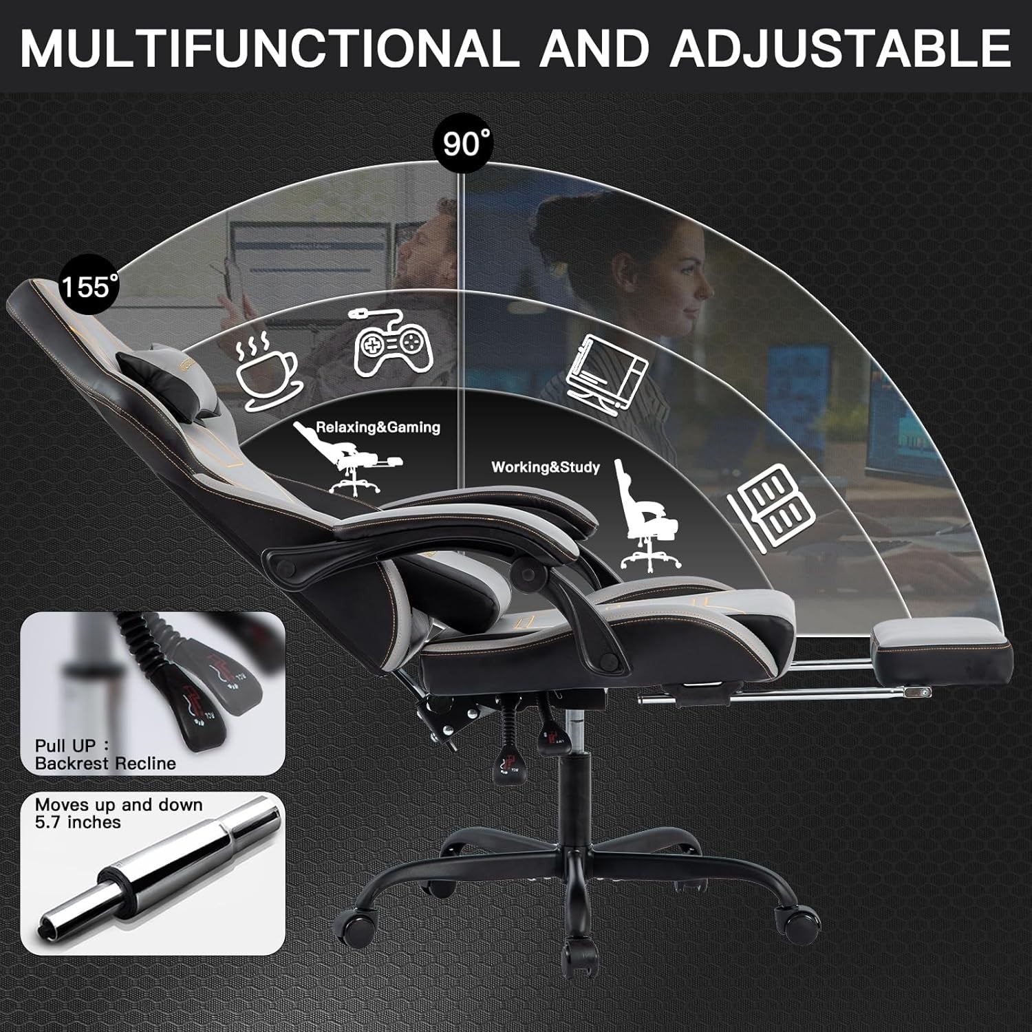 Ergonomic Gaming Chair with Footrest Lumbar Support Grey Black