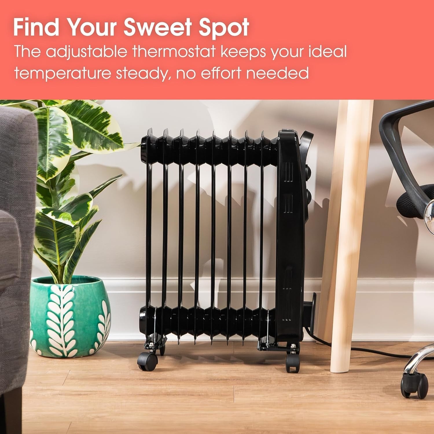 2000W Oil Filled Radiator Heater 9 Fin Portable Electric Thermostat Black