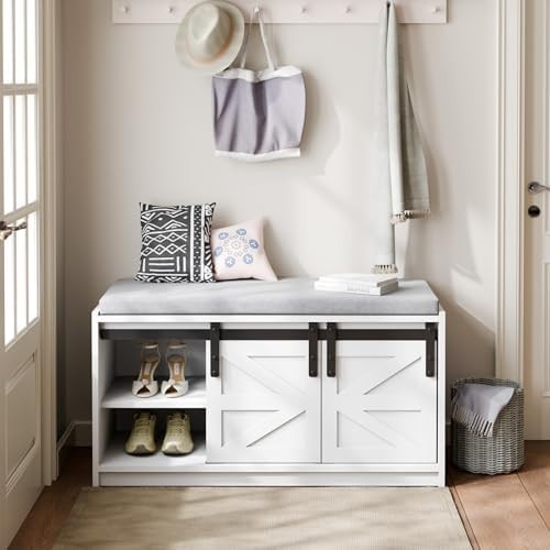 Farmhouse Shoe Storage Bench 2-Tier Sliding Barn Doors, Cushioned Seat