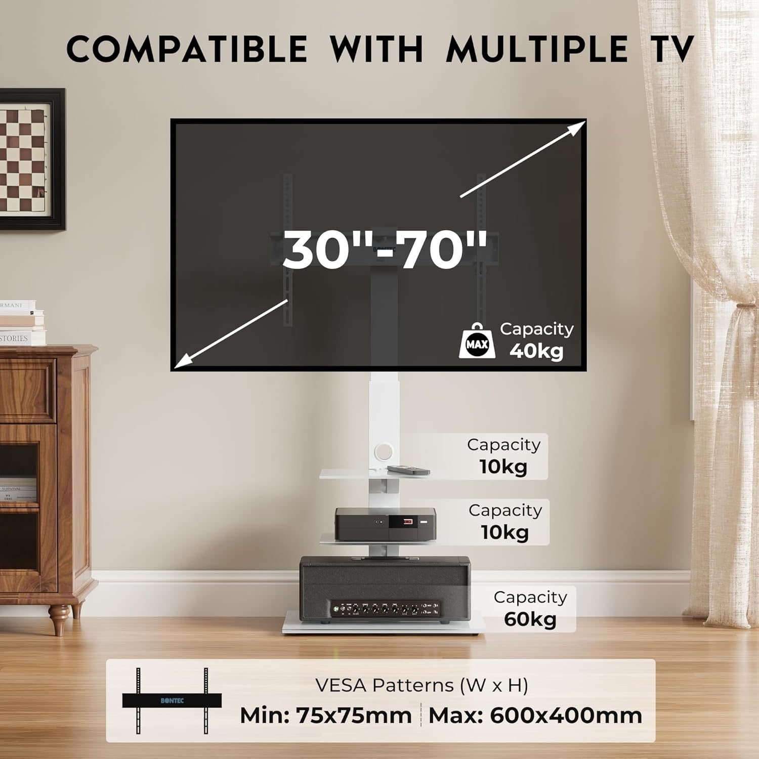 Universal White TV Floor Stand 30-70" Adjustable Height Swivel 3-Tier Shelves