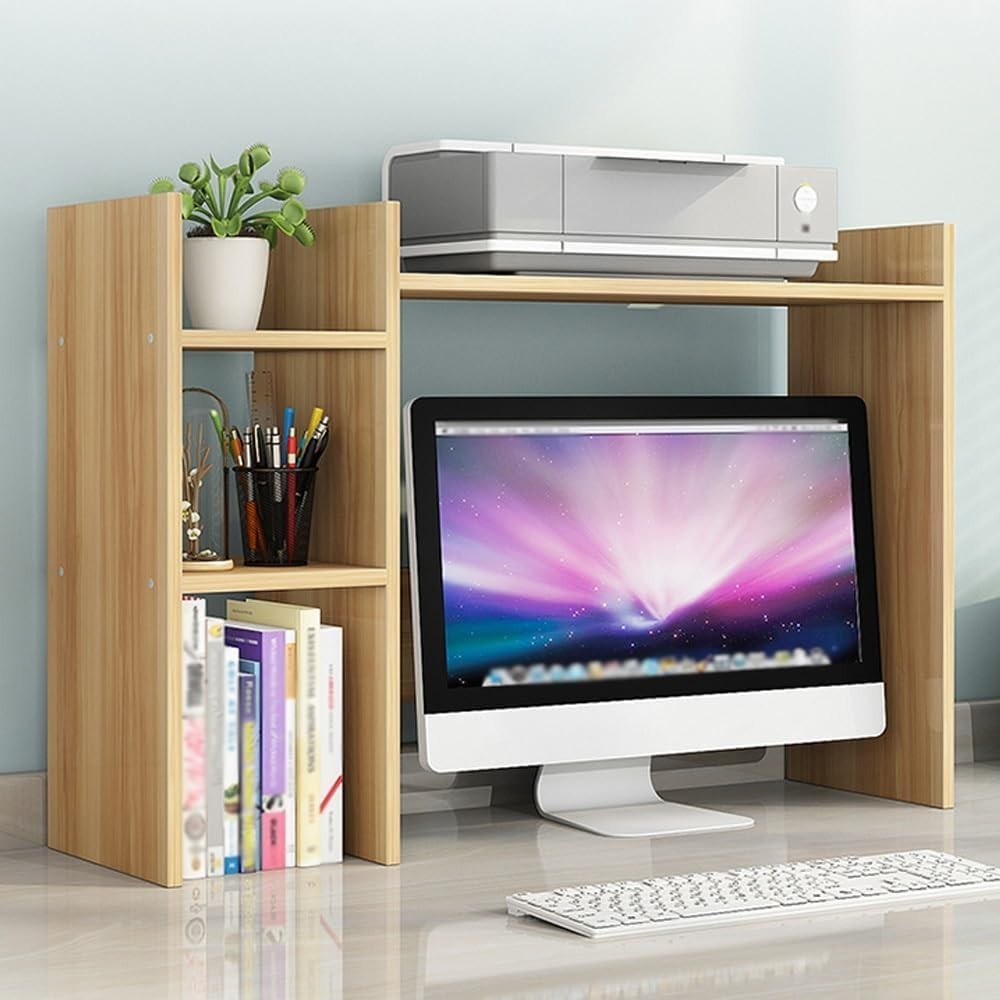 Wood Desk Hutch Organizer Natural 5-Compartment Desktop Bookshelf 88.6×30×58.3cm