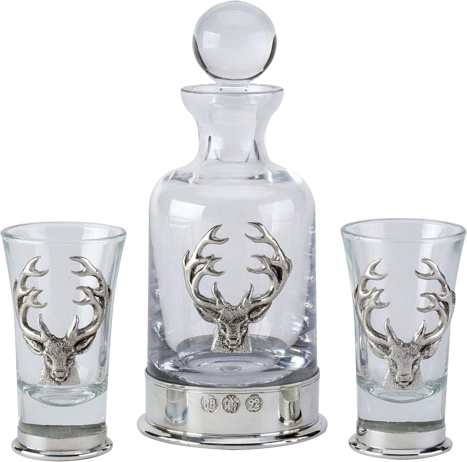 Stag Head Pewter Whisky Decanter Set with 2 Glasses Luxury Gift Display