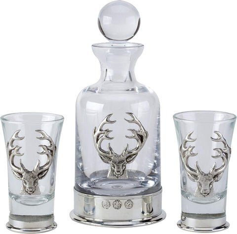 Stag Head Pewter Whisky Decanter Set with 2 Glasses Luxury Gift Display