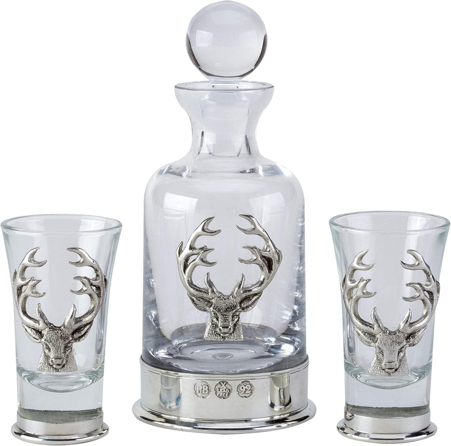 Stag Head Pewter Whisky Decanter Set with 2 Glasses Luxury Gift Display