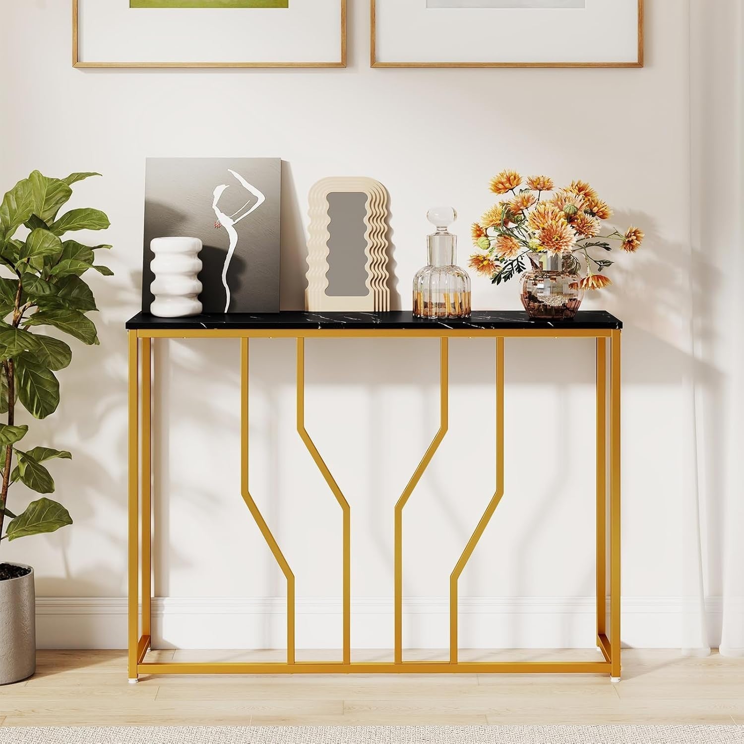 Slim Console Table Faux Marble Top Metal Frame Entryway Hallway Accent 110cm