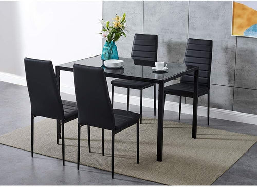 Modern 4-Seater Black Glass Dining Table Set with PU Leather Chairs