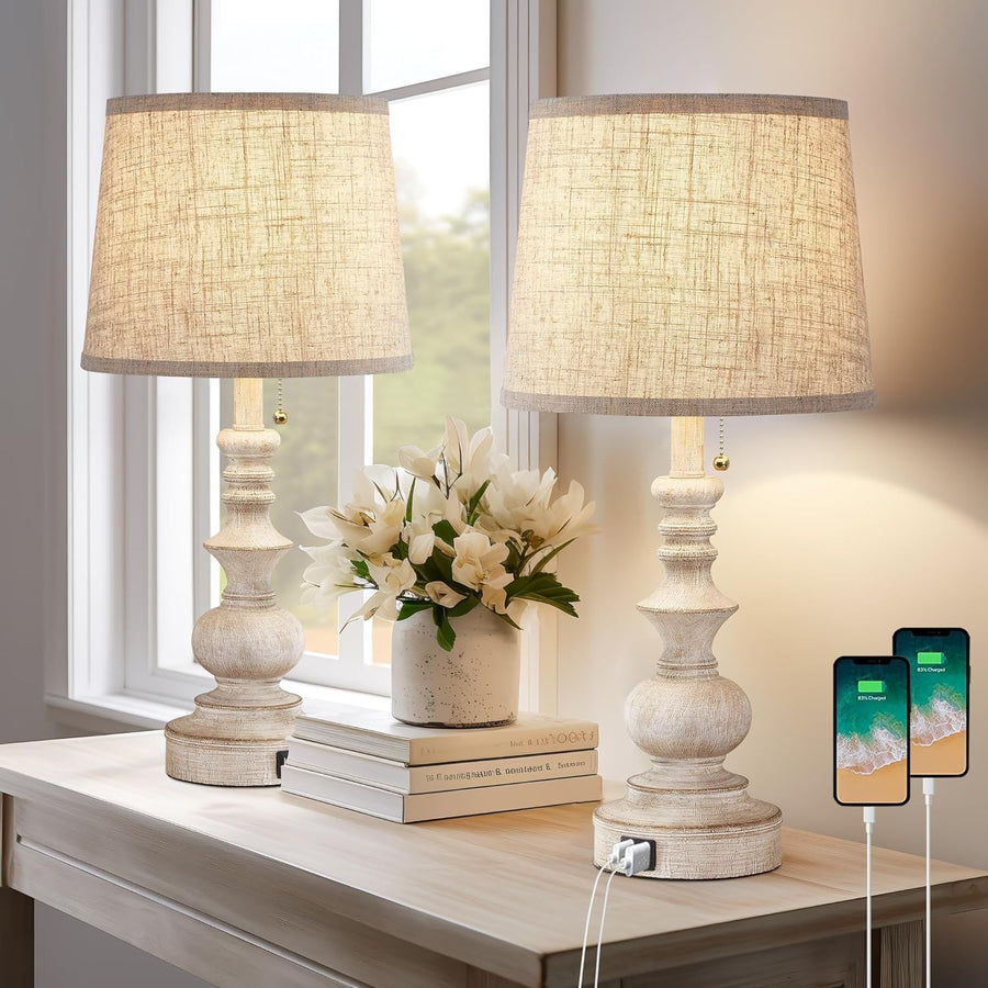 Rustic Farmhouse Table Lamps with USB Ports Set of 2 26cm Perfect Light0