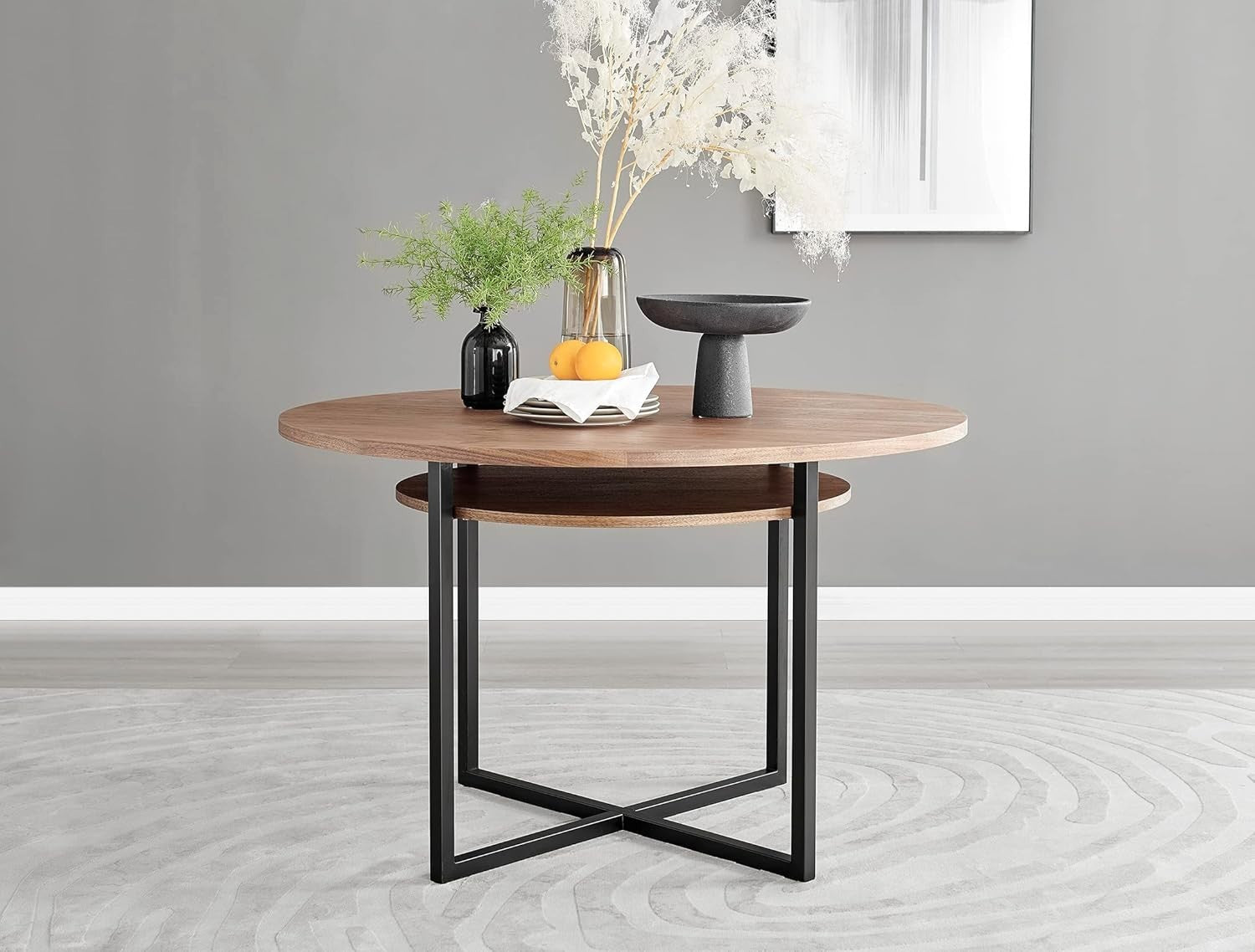 Round Dining Table Wood Veneer Black Metal Legs Modern Storage Shelf