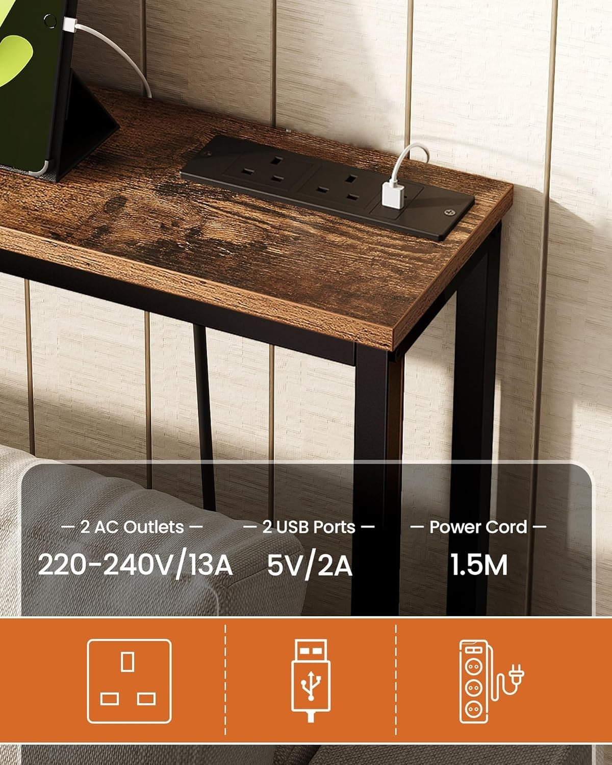 Slim Rustic Console Table with Power Outlet & USB Charging Station