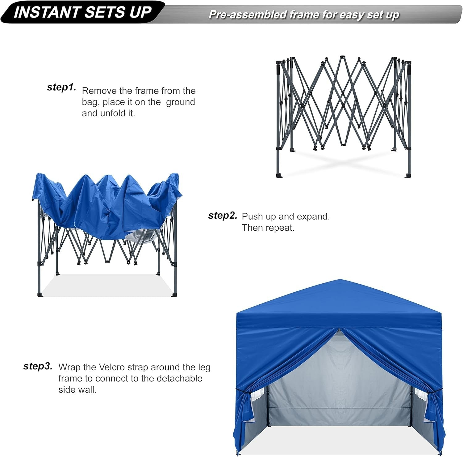 3x3M Blue Pop Up Gazebo With 4 Church Windows Waterproof Outdoor Tent