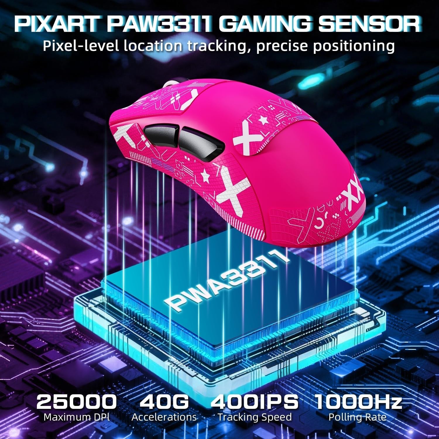 Wireless Gaming Mouse 25000 DPI 65g RGB Dock 2.4G Bluetooth Pink