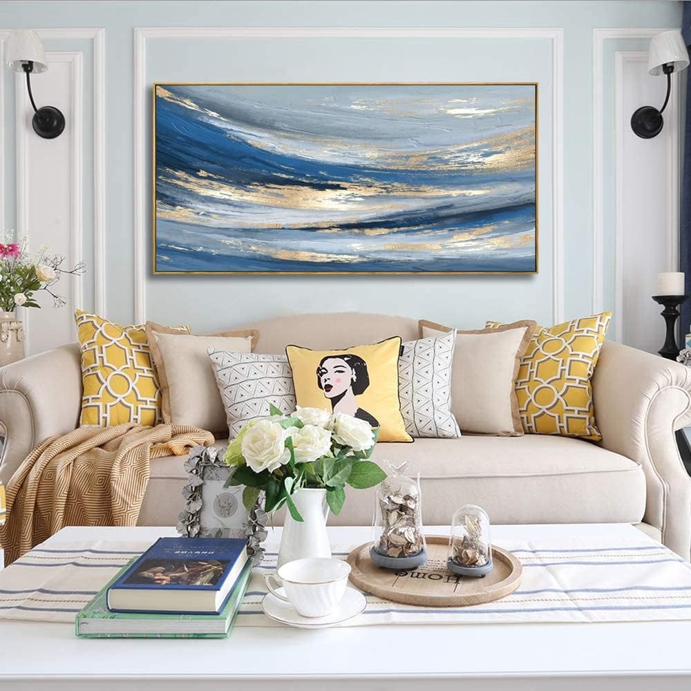 Blue Gold Abstract Canvas Wall Art – Large Framed Painting 40x20in