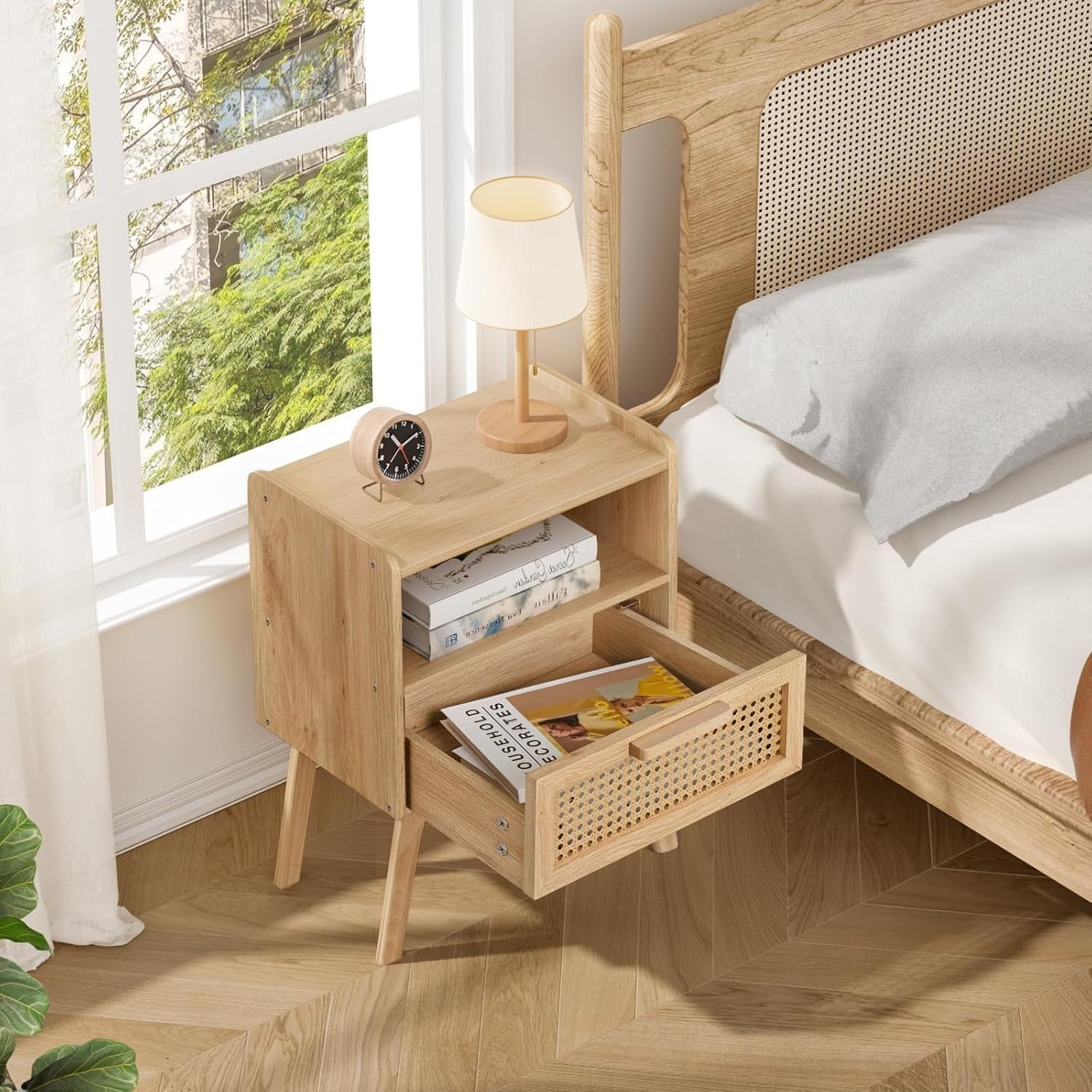 Natural Rattan Bedside Table with Drawer & Shelf – Boho Wooden Nightstand