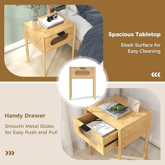 Modern Bamboo Bedside Tables Set of 2 with Drawer & Glass Front 40x40x50cm