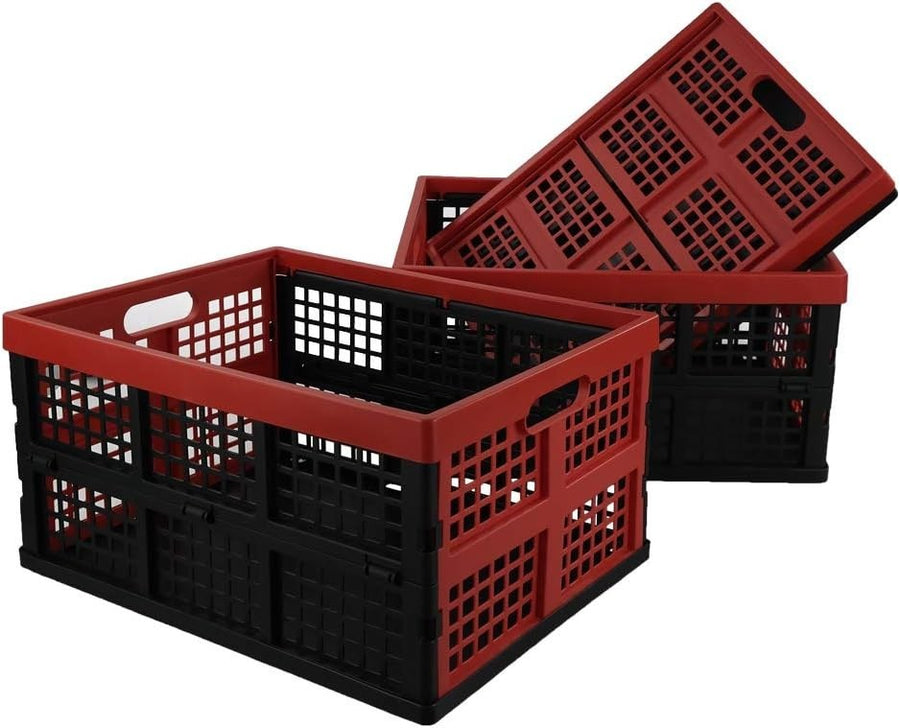 3 Pack Folding Plastic Storage Crates 32L 44.5x34.5x23cm Red