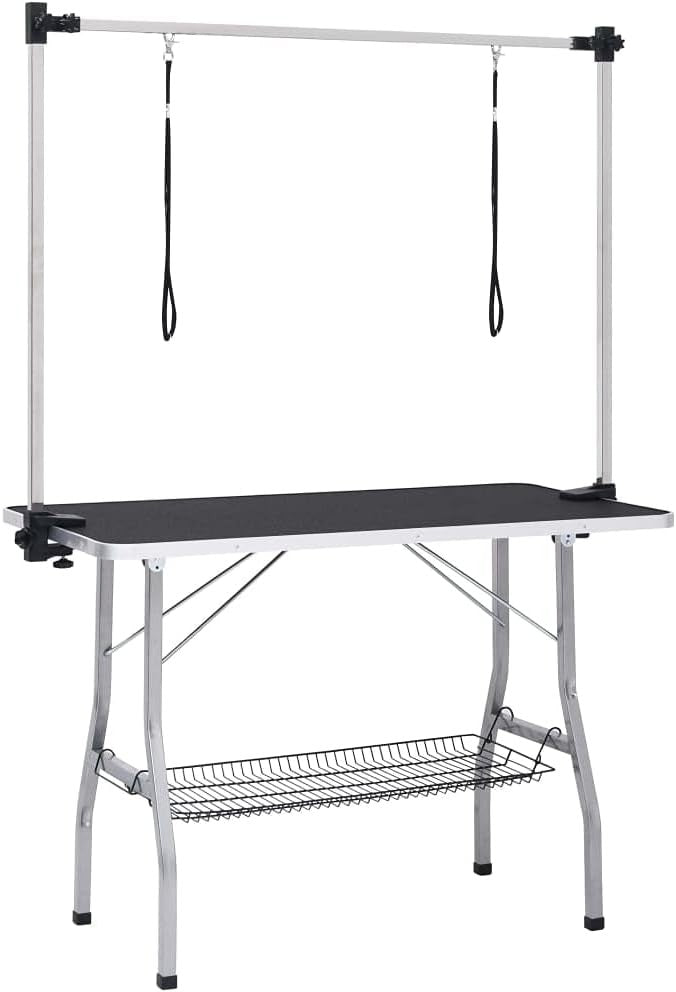 Adjustable Dog Grooming Table Non Slip Foldable Steel Legs Storage Basket
