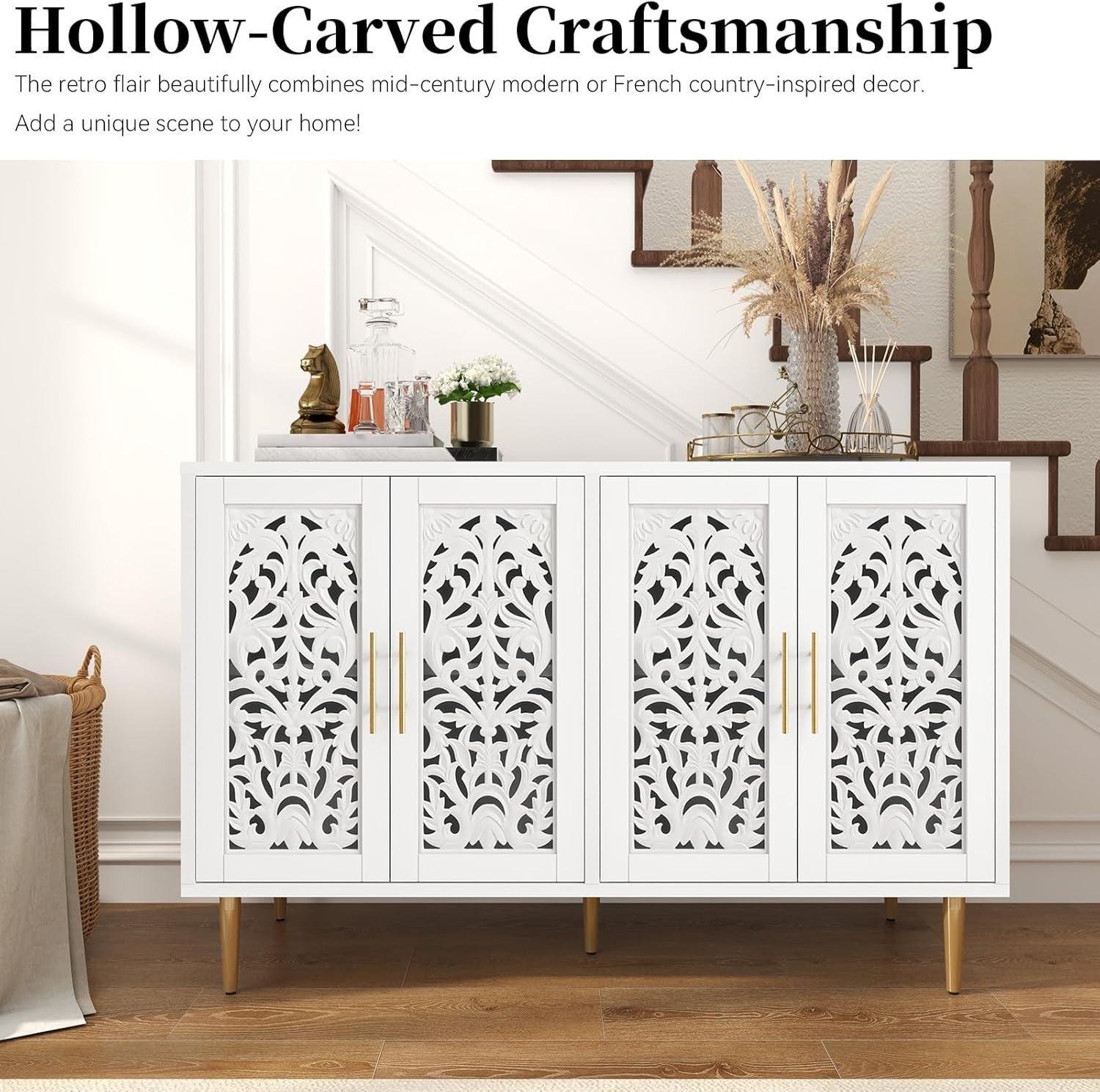 Vintage White Sideboard Cabinet 4 Doors Hollow Carved Buffet Storage Unit