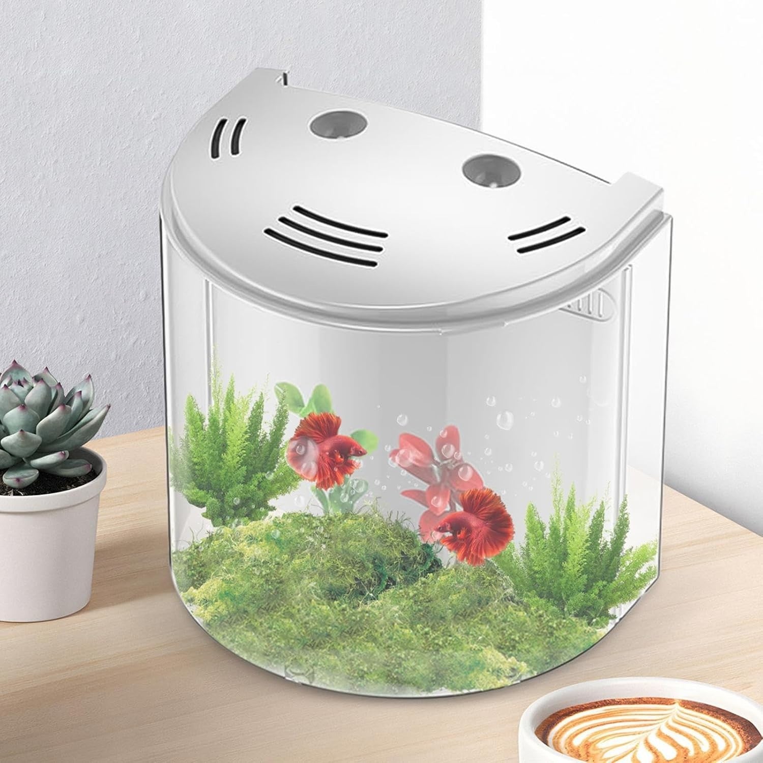 Small Betta Fish Tank Desktop Aquarium w/ Pump Clear Acrylic Bowl