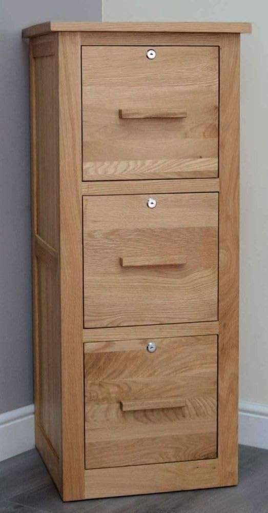 Solid Oak 3 Drawer Filing Cabinet Lockable A4 Tall Home Office