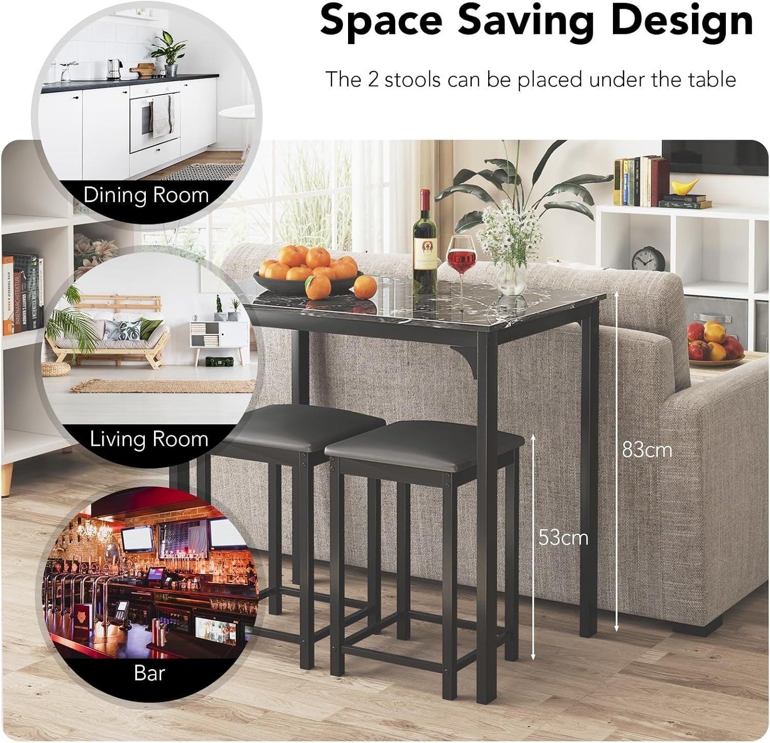 3 Piece Breakfast Bar Table Set with Stools Modern Small Space Dining Black