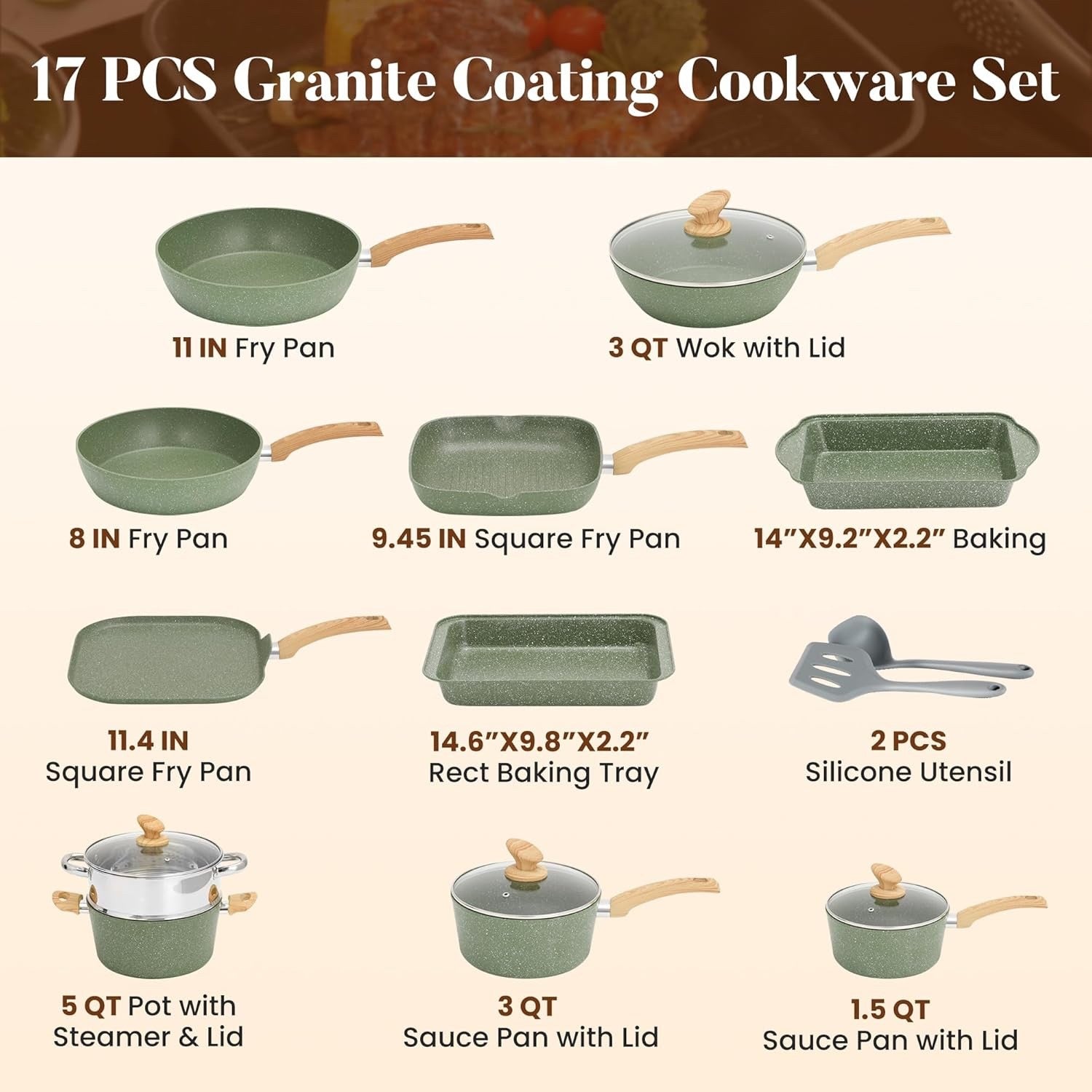 17pcs Green Granite Induction Cookware Set Non Stick Pots & Pans Oven Safe