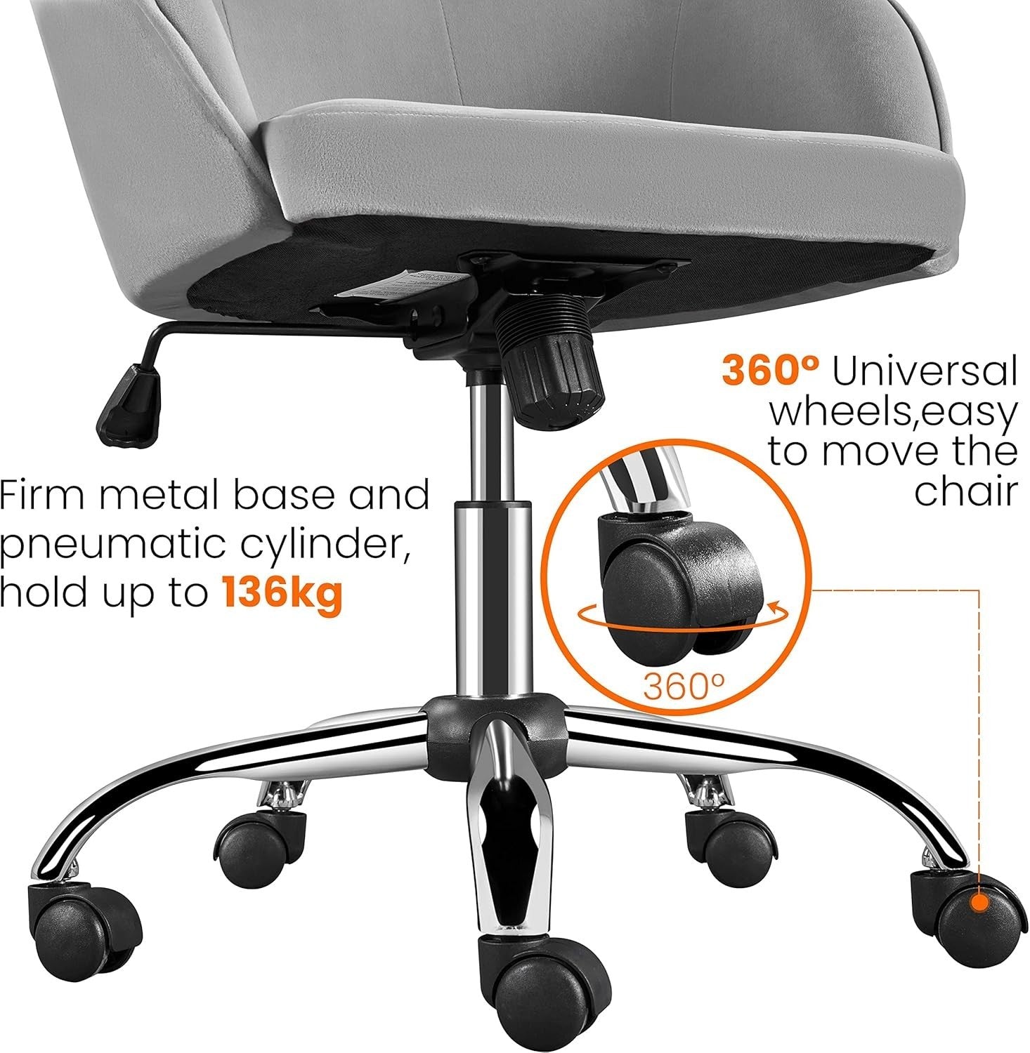 Ergonomic Velvet Office Chair Swivel Adjustable Height Armrest Light Gray
